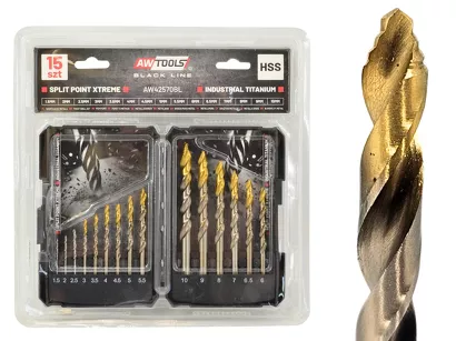AWTOOLS Wiertła do metalu HSS M2 TiN SPLIT POINT XTREME zestaw 15el. AW42570BL