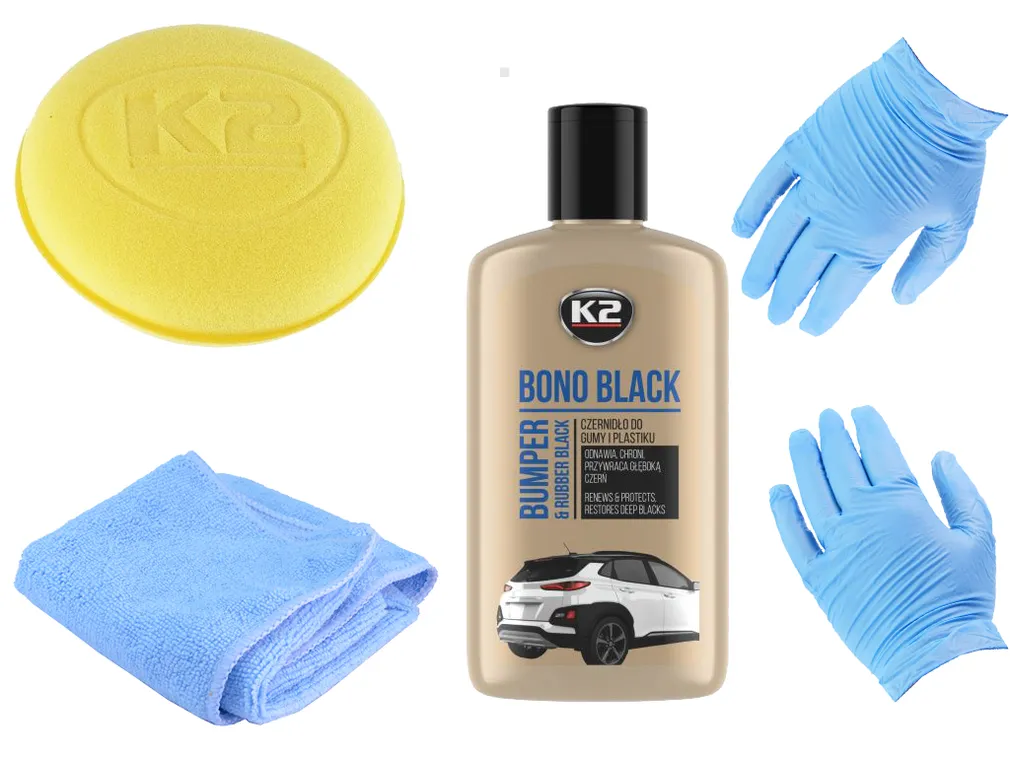 Czernidło K2 Bono Black do plastików, opon, gumy - zestaw
