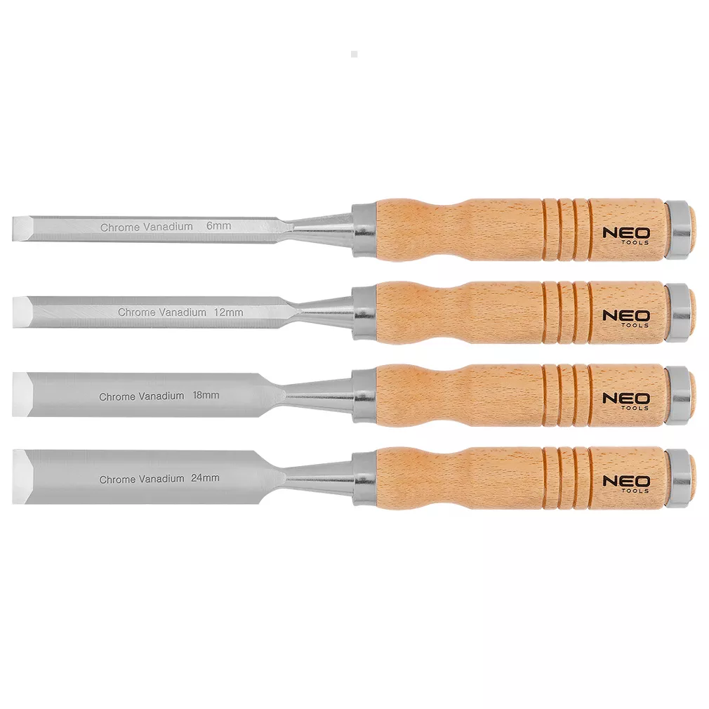 Neo Dłuta 6, 12, 18, 24 mm, zestaw 4 szt. Uchwyt drewniany 37-800