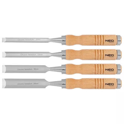 Neo Dłuta 6, 12, 18, 24 mm, zestaw 4 szt. Uchwyt drewniany 37-800