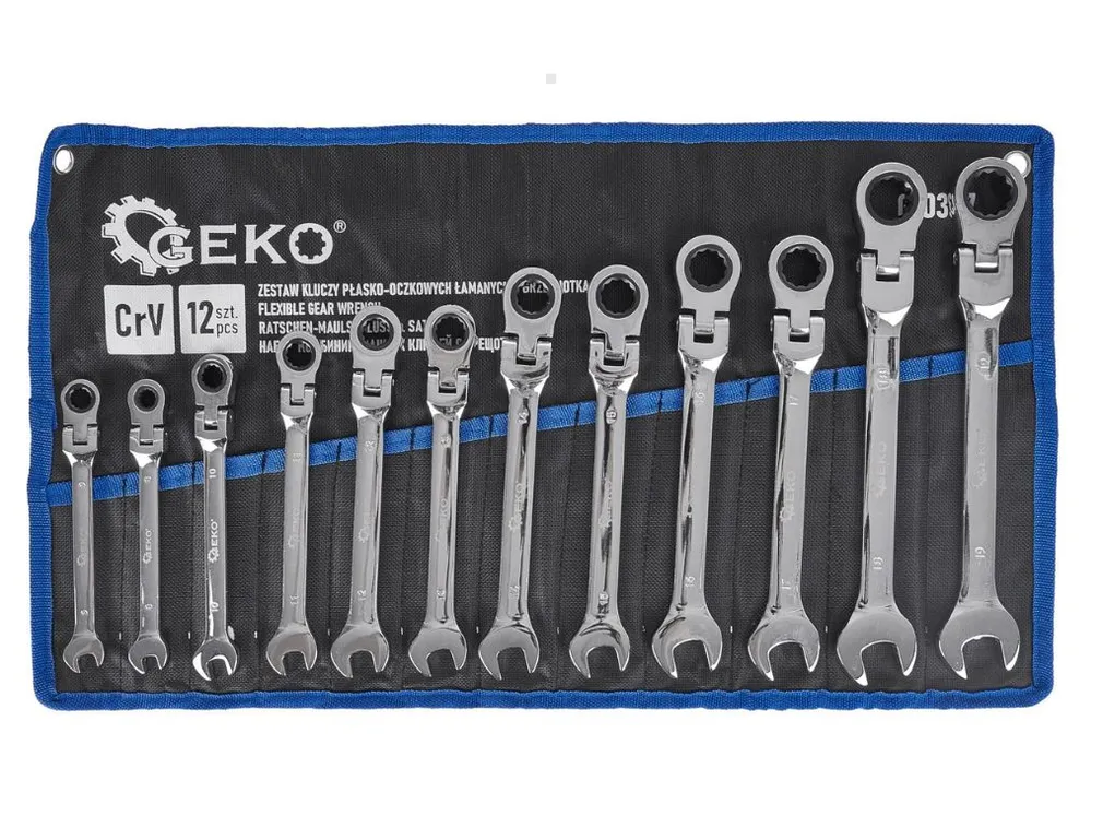 Geko Klucze płasko oczkowe z grzechotką i przegubem 8-19mm G10337