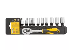 Topex Klucze nasadowe z grzechotą 1/4" 11el. na szynie 38D650 