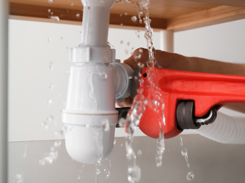 Klucz hydrauliczny używany do dokręcania syfonu pod zlewem podczas wycieku wody