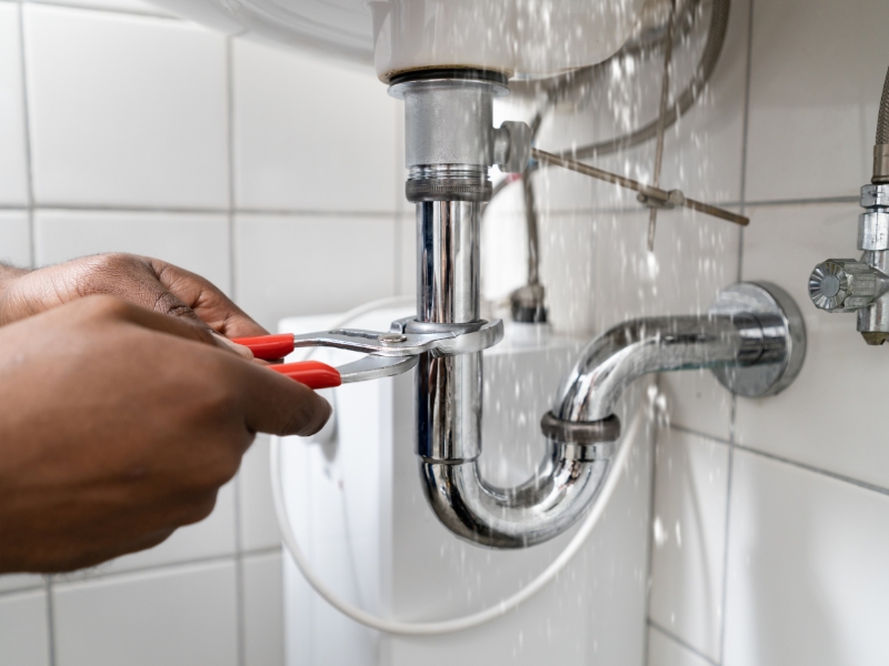 Hydraulik używa szczypiec do rur przy naprawie nieszczelnej instalacji wodnej